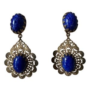VNTG Miriam Haskell Blue Art Glass Gold Tone Filigree Screw Back Drop Earrings